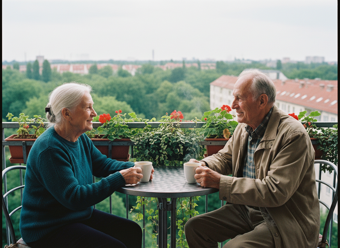 Zwei Nachbarn teilen Kaffee auf einem Balkon mit Blick über die Baumkronen von Steglitz