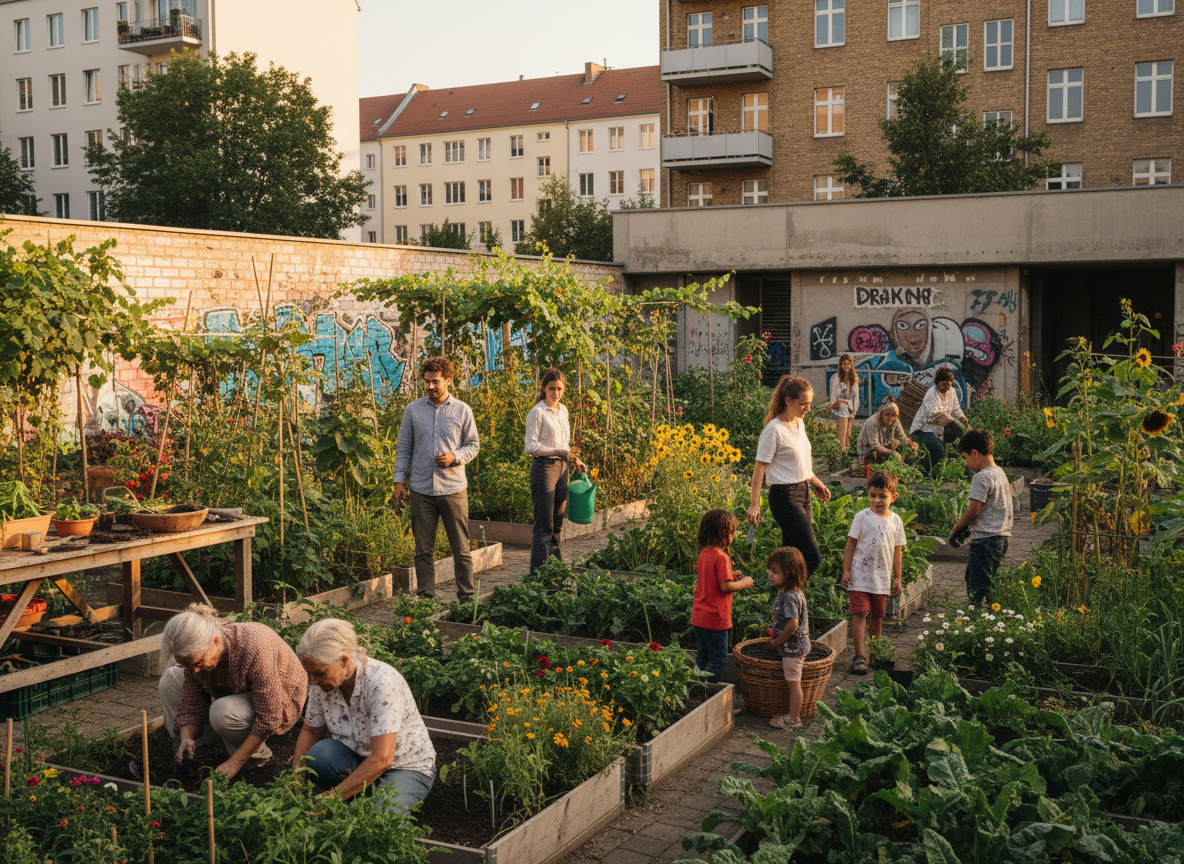 Diverse Nachbarn pflegen gemeinsam einen Gemeinschaftsgarten in Steglitz