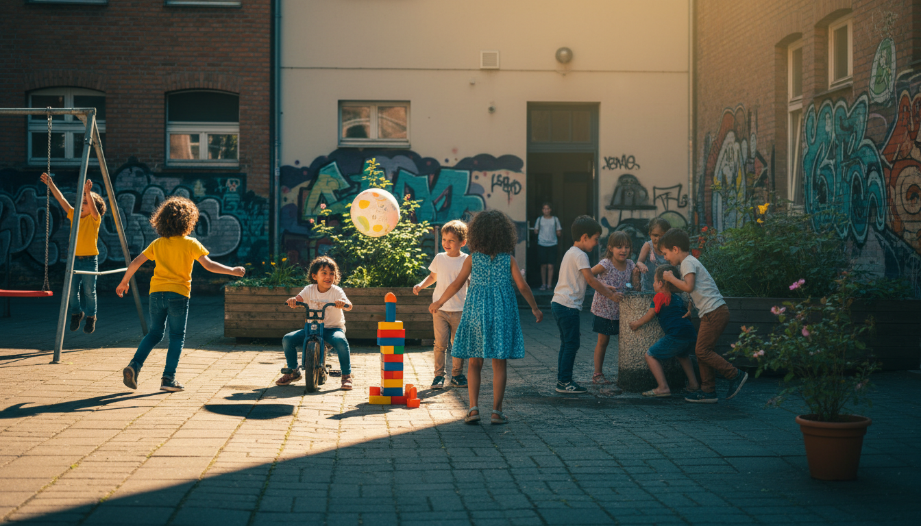Kinder spielen gemeinsam in einem sonnigen Innenhof eines Steglitzer Gemeindezentrums