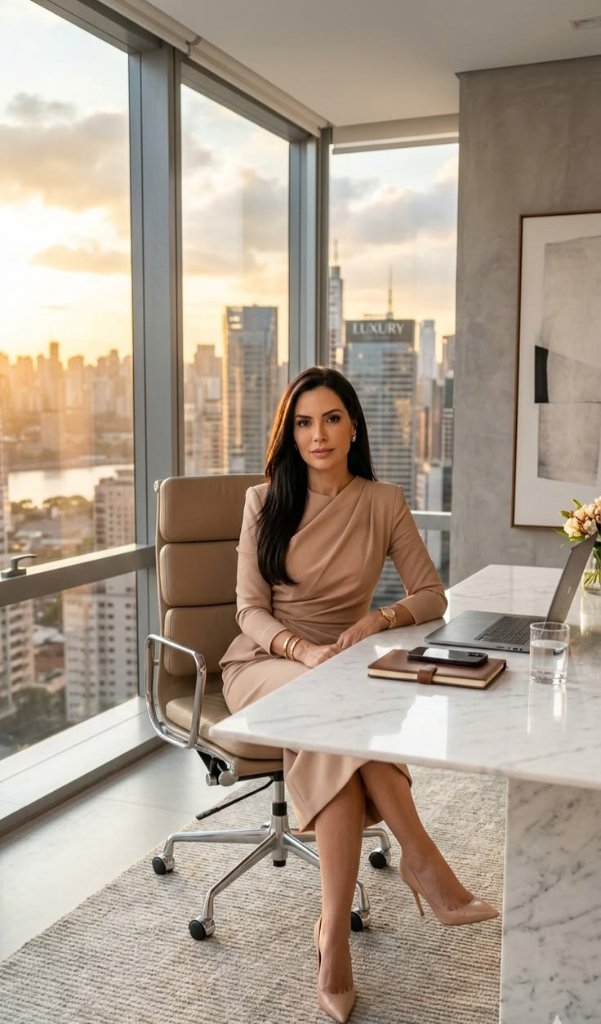 Professional personal branding photo in luxury office setting with city skyline view