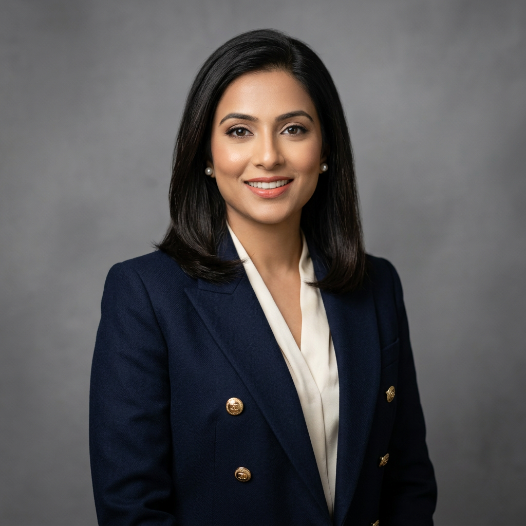 Professional LinkedIn headshot of a South Asian female professional in burgundy blazer, soft grey background, friendly professional smile