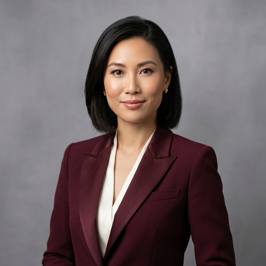 Professional corporate headshot of an Asian-Australian female executive in tailored charcoal blazer, light grey background, warm confident smile