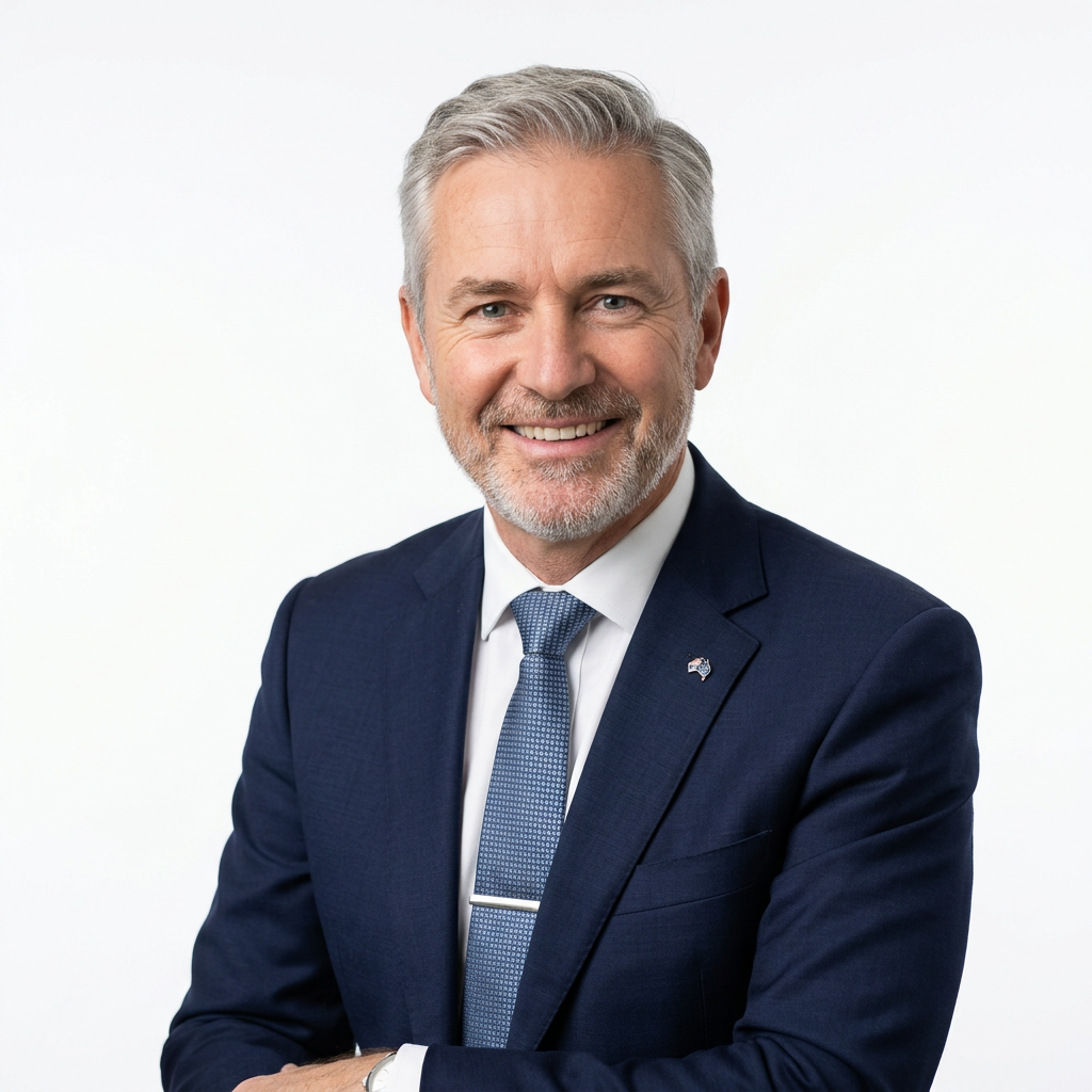 Professional corporate headshot of a male executive in his 50s, navy suit, white studio background, approachable confident expression