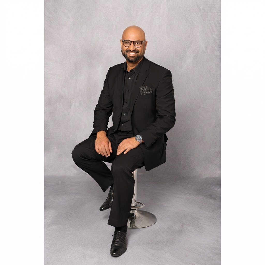 Professional full-length portrait of a bald man with beard and dark-rimmed glasses in black suit sitting on a chrome bar stool against a light grey studio backdrop
