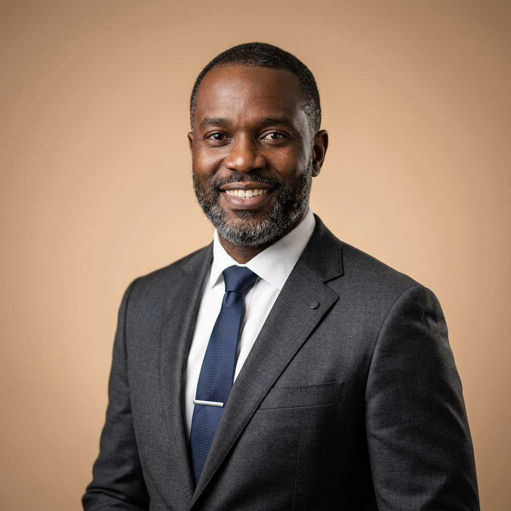 Professional corporate headshot of an African-Australian male professional, charcoal suit, white background, confident approachable smile