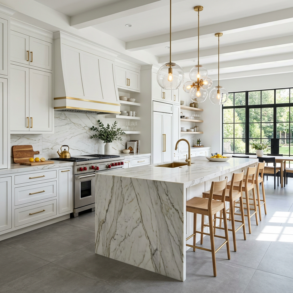 Showroom interior with kitchen and bath displays and warm lighting