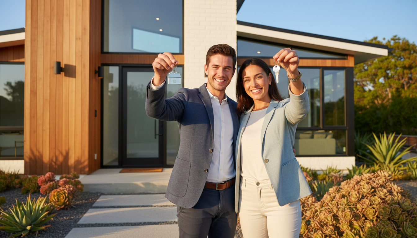 Happy couple with new home keys
