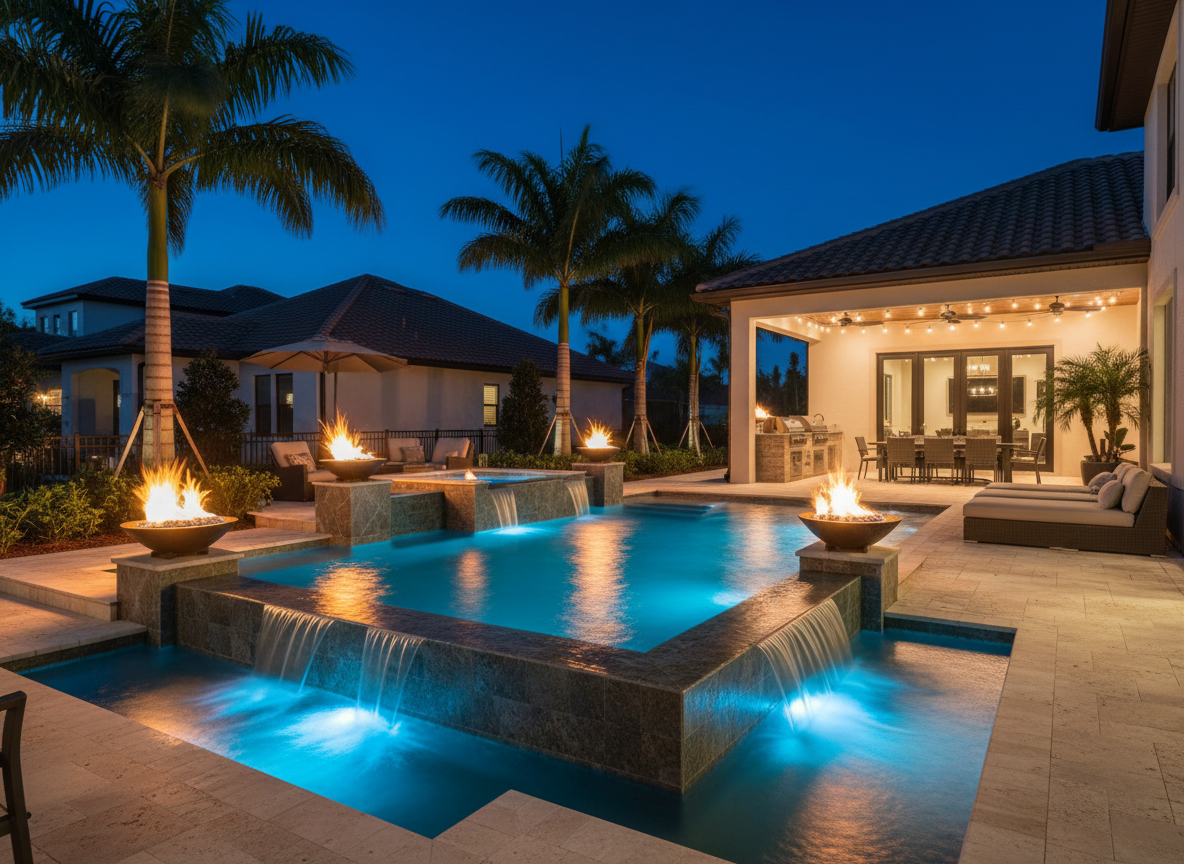 Custom pool with fire & water features, Parrish FL