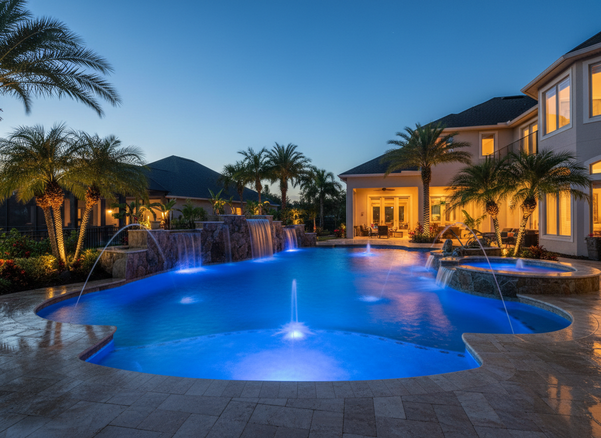 LED-lit custom pool at night, Ellenton FL