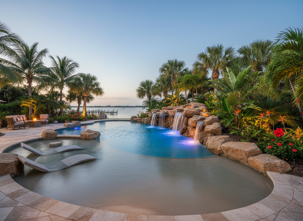 Custom lagoon pool with beach entry & LED lighting