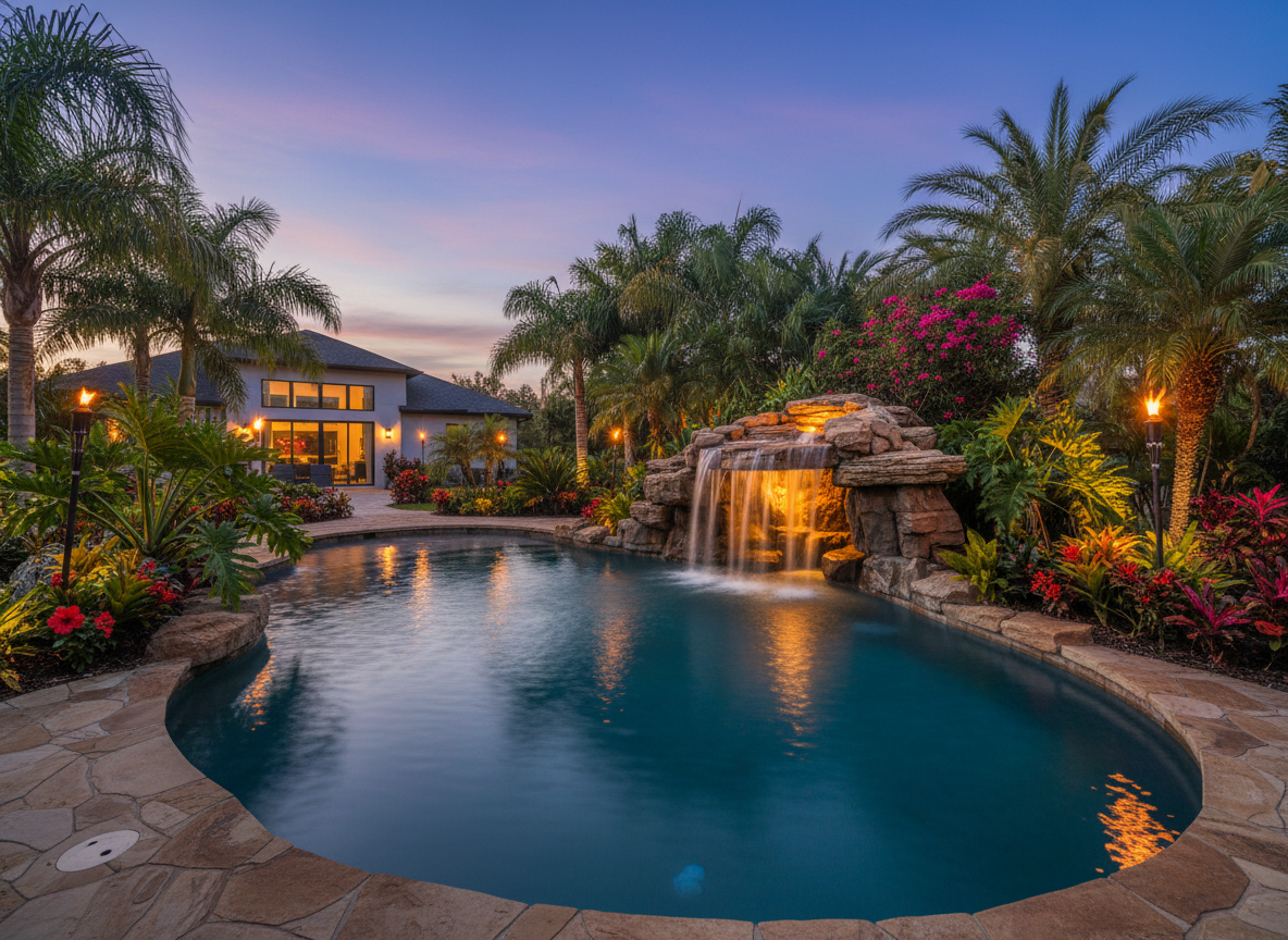 Lagoon grotto pool with evening lighting, Ruskin