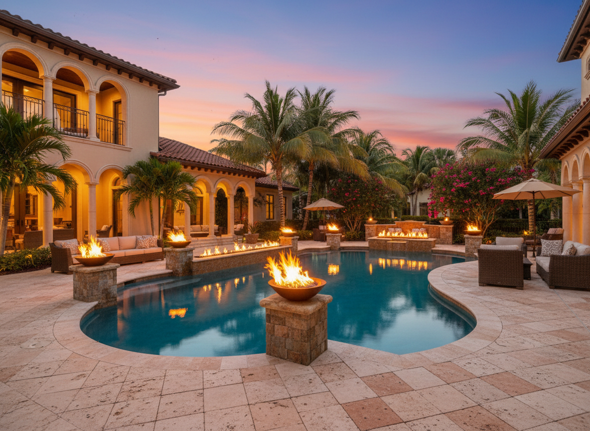 Mediterranean pool with fire features, Bradenton FL