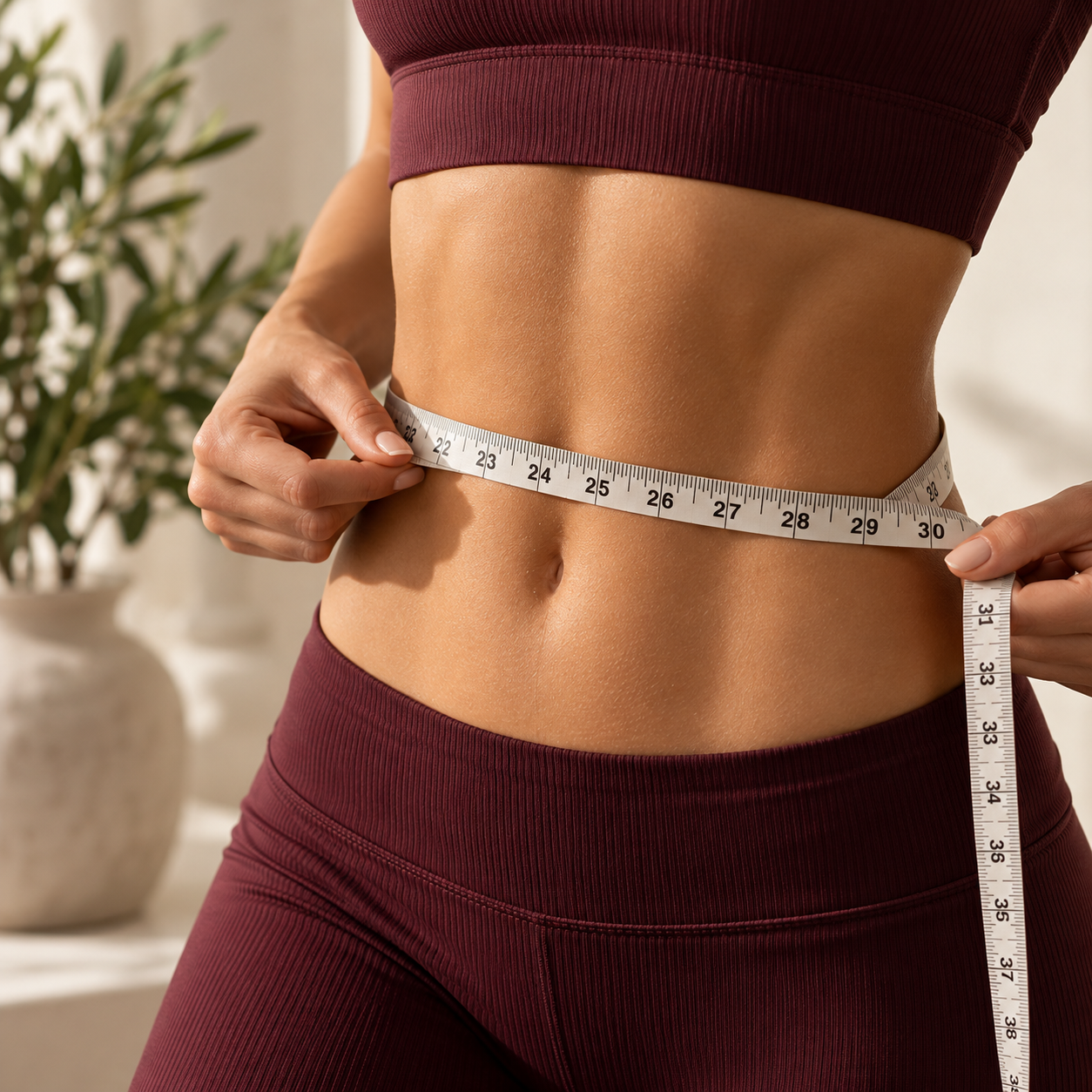 Woman measuring her waist with a measuring tape
