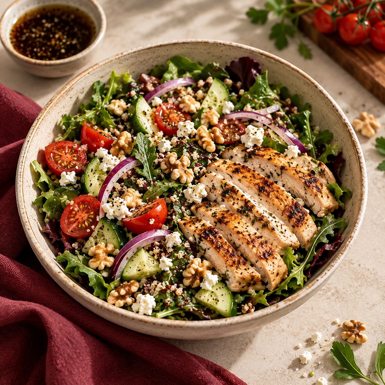 A nourishing bowl of fresh greens, grilled chicken, tomatoes and walnuts