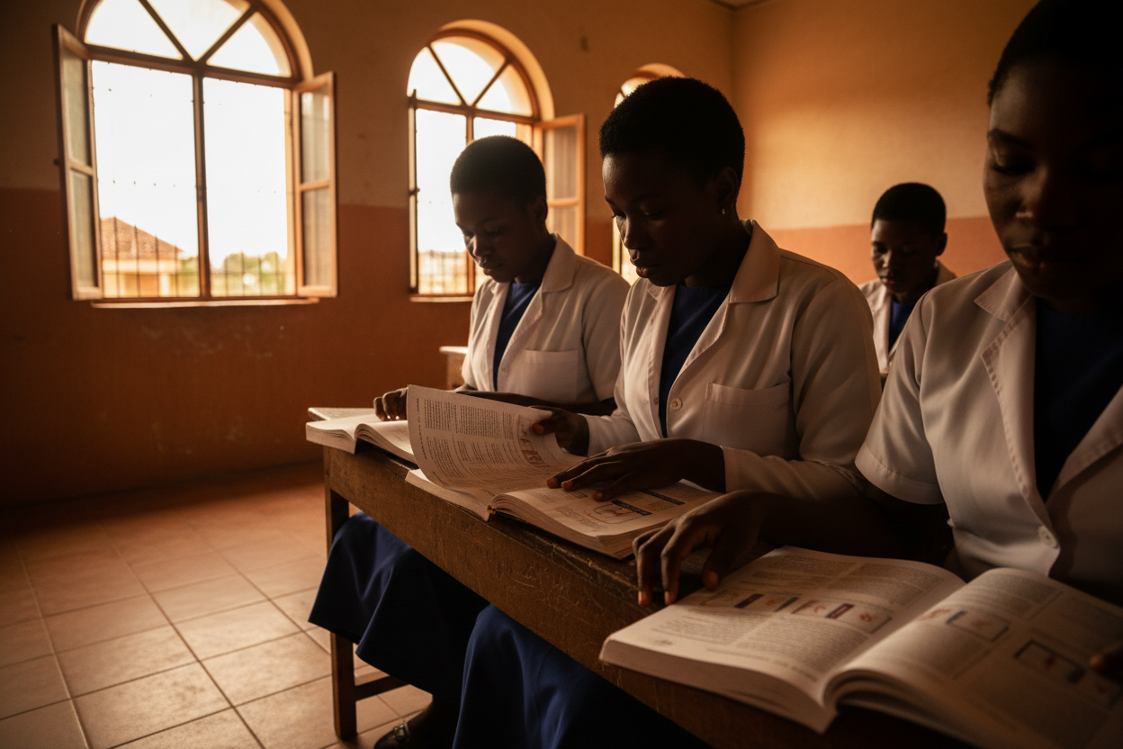 Nursing students studying medical textbooks in Ghana