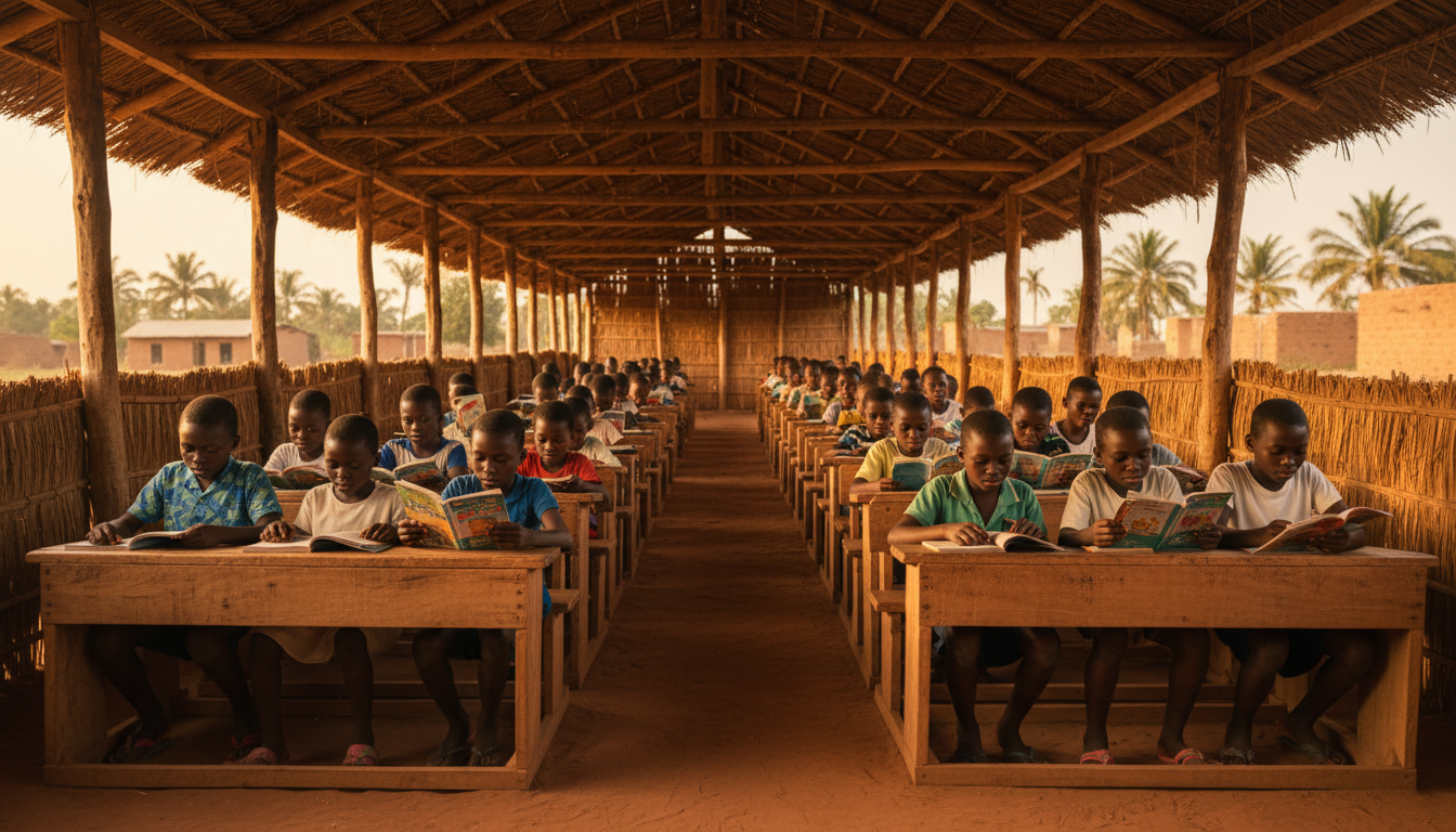 Children in a bright Ghanaian classroom reading books