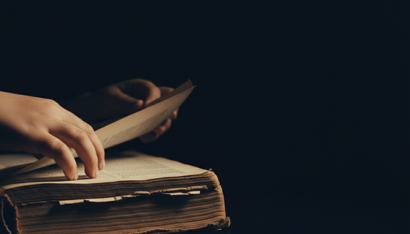 Child's hands turning the pages of a book in warm light