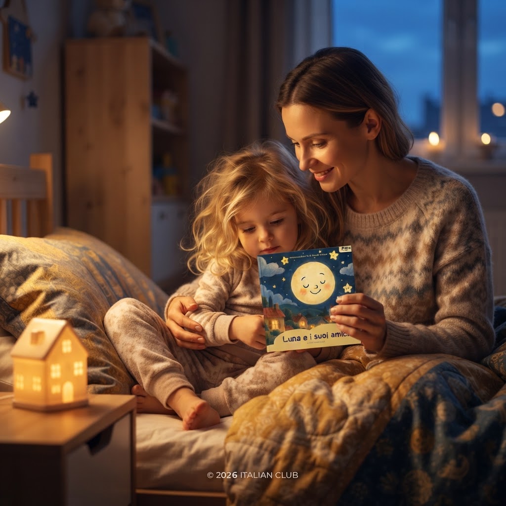 Moeder leest het kleine maanboekje voor aan haar dochter in bed bij avondlicht