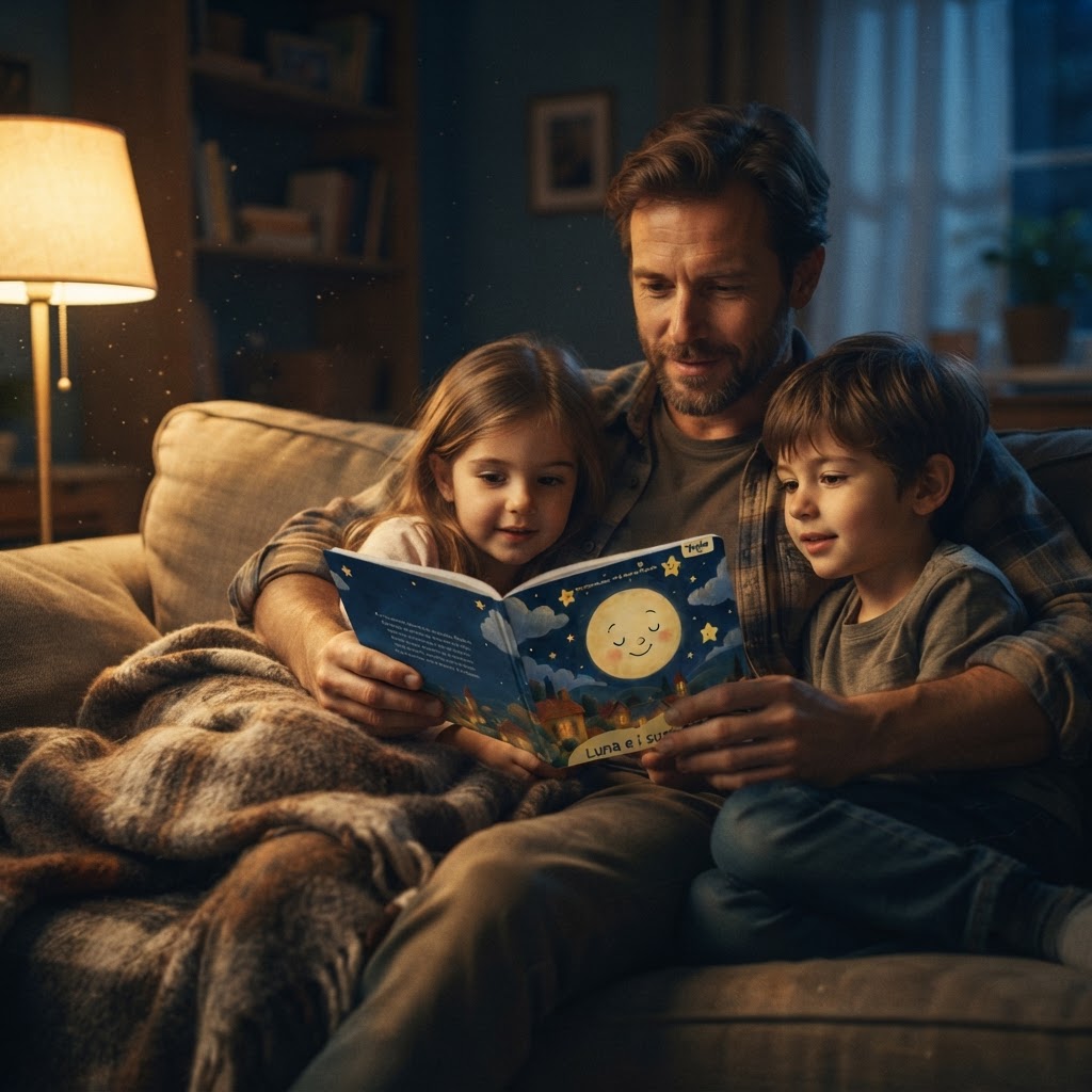 Vader houdt het kleine vierkante boekje in zijn hand en leest voor aan twee kinderen op de bank