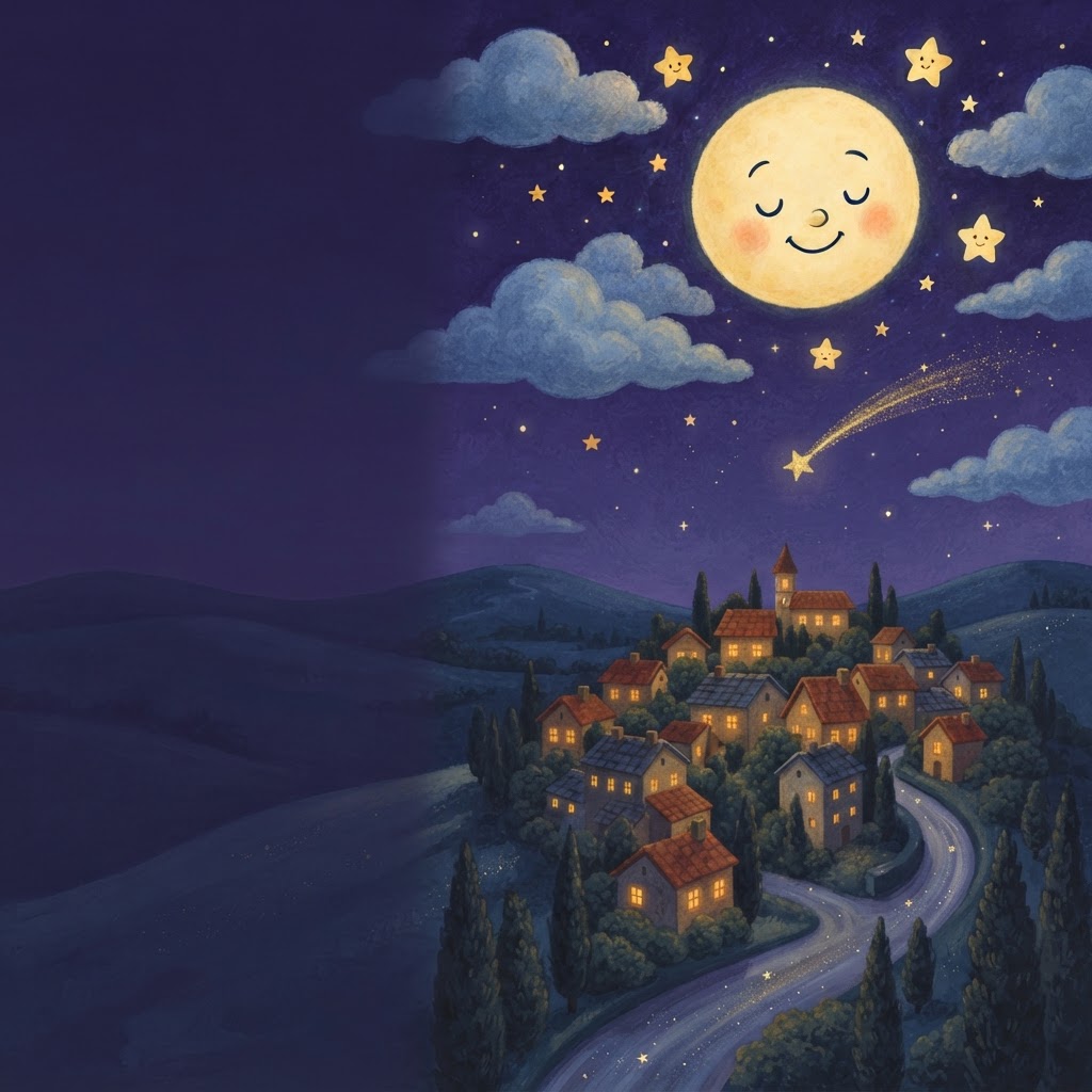 De wereld van Luna: de lachende maan boven een Italiaans dorpje onder een sterrenhemel