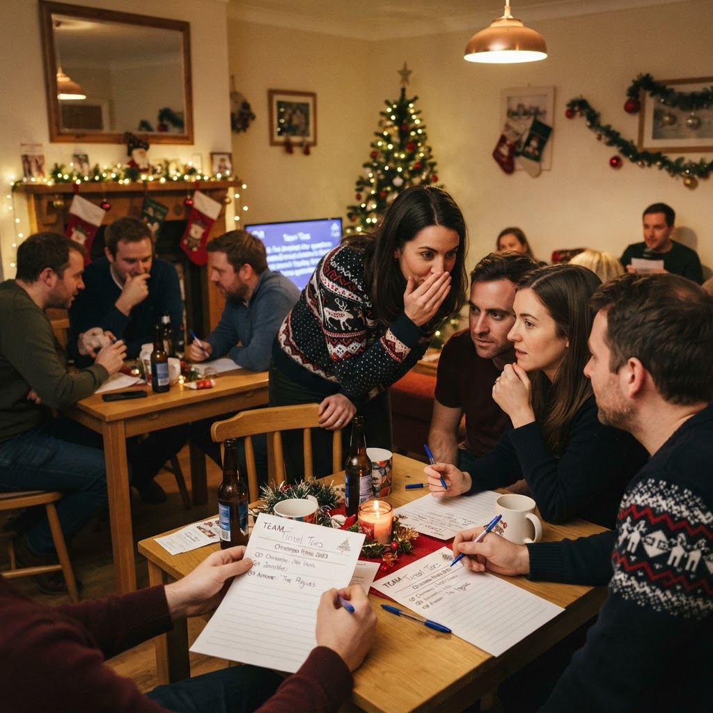 Team overlegt heimelijk achter de stoelen tijdens de kerstpubquiz
