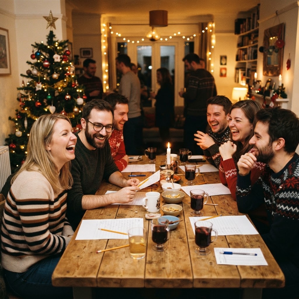 Teams vullen fanatiek de antwoordbladen in tijdens de kerstpubquiz