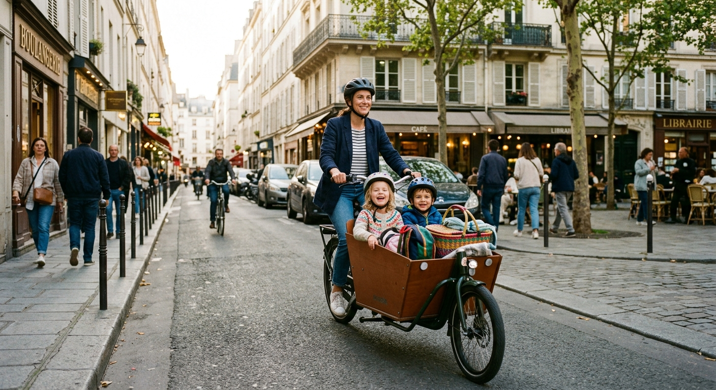 Cargo bike family in a city street, Le Peloton rental