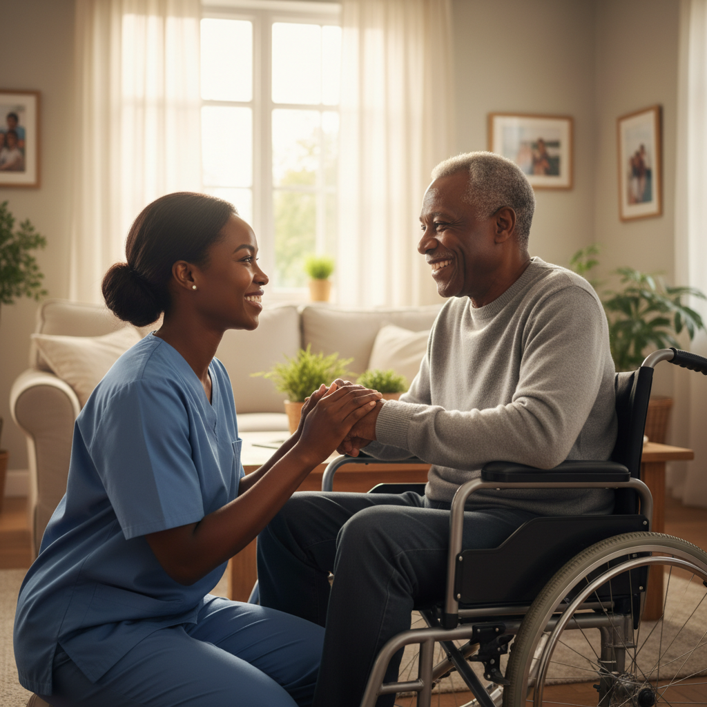 Black caregiver in scrubs holding hands with elderly Black man in wheelchair, both smiling