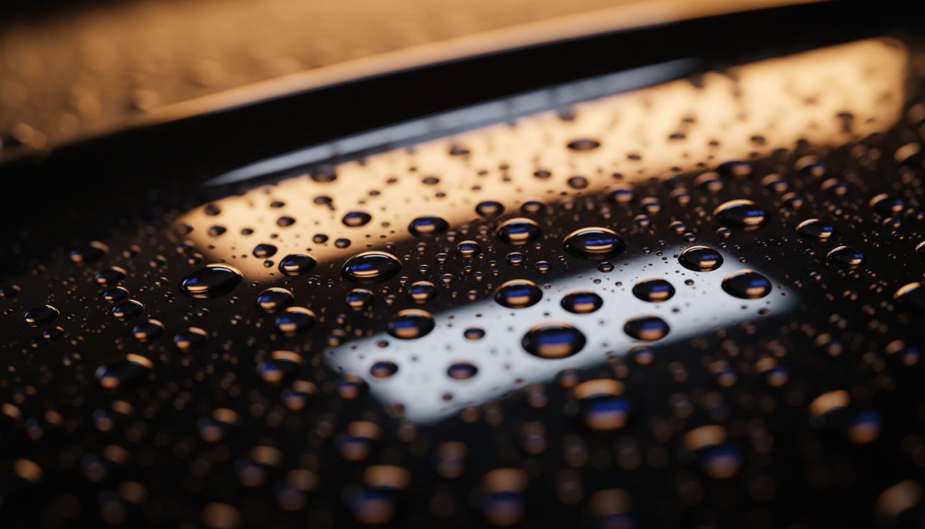Ceramic coated vehicle with water beads reflecting golden light
