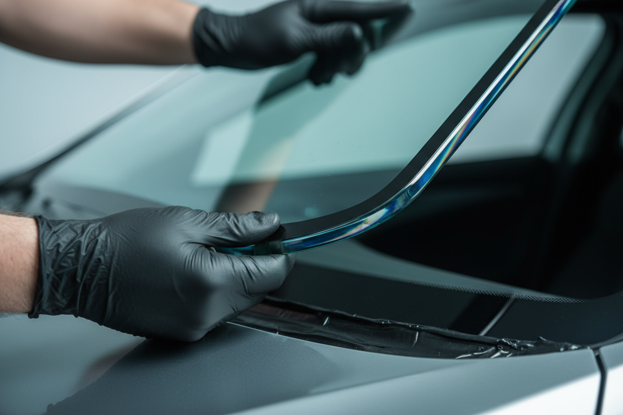 Professional windshield installation close-up