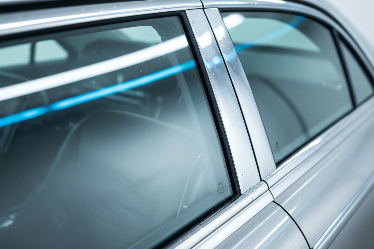 Clean car side window glass reflecting light