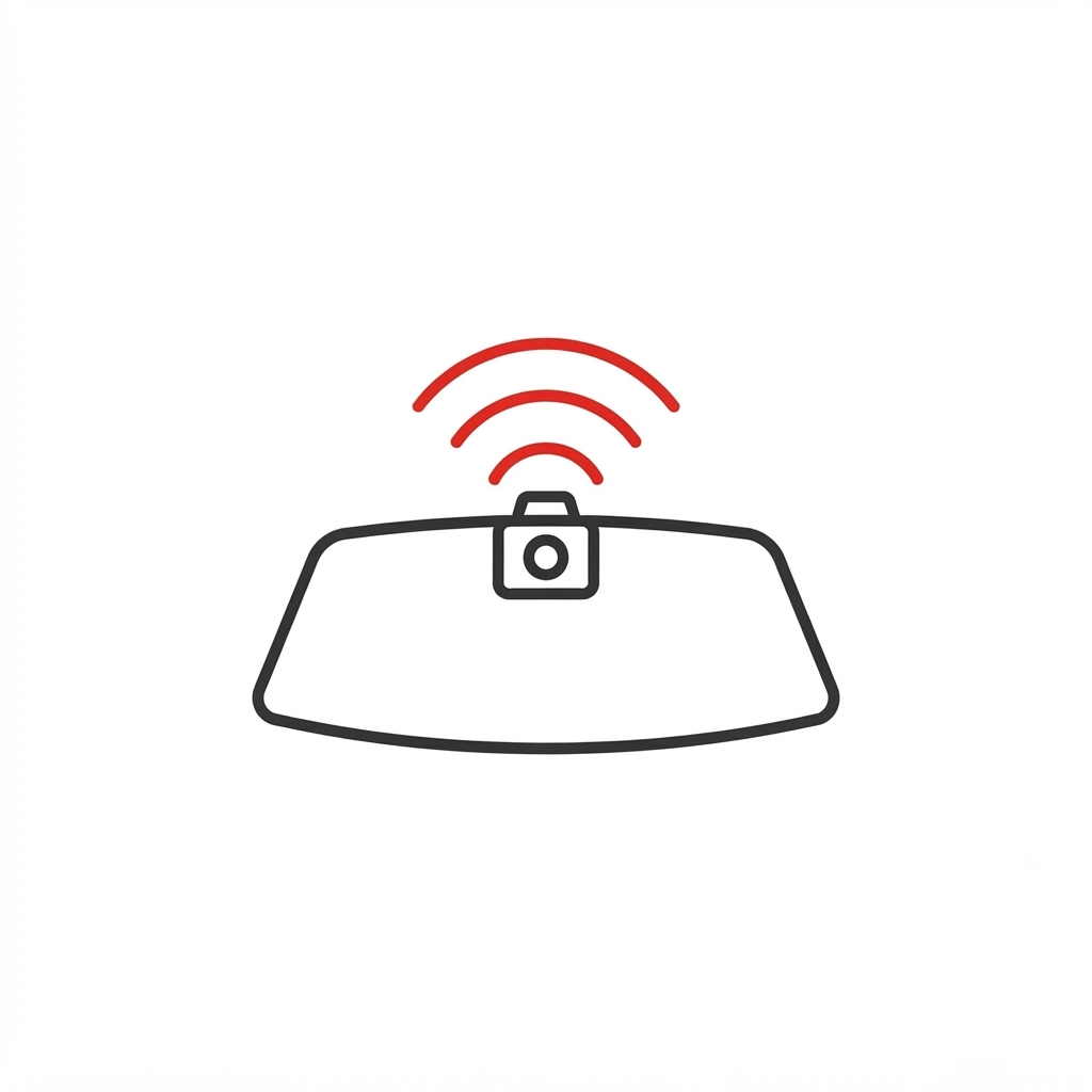 Windshield with camera sensor emitting radar signal arcs icon