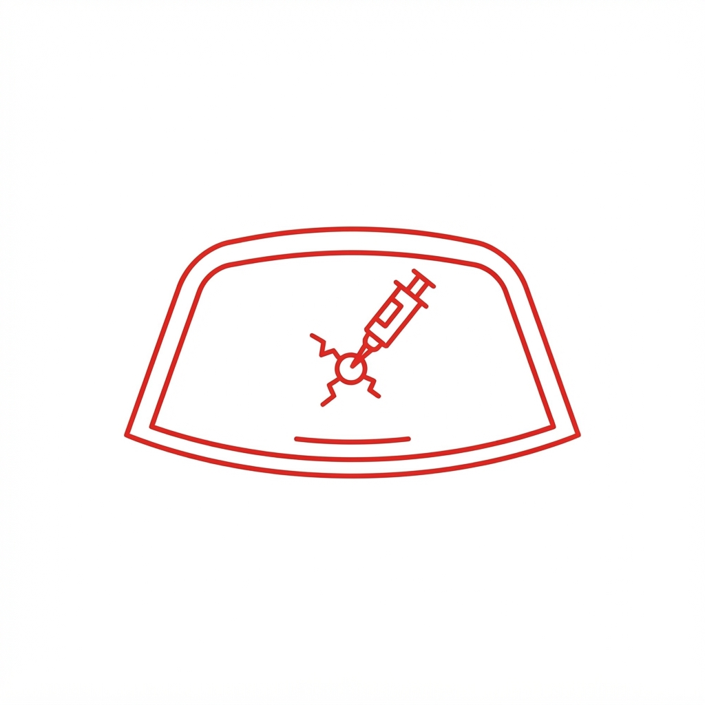 Windshield with a rock chip impact and repair tool icon