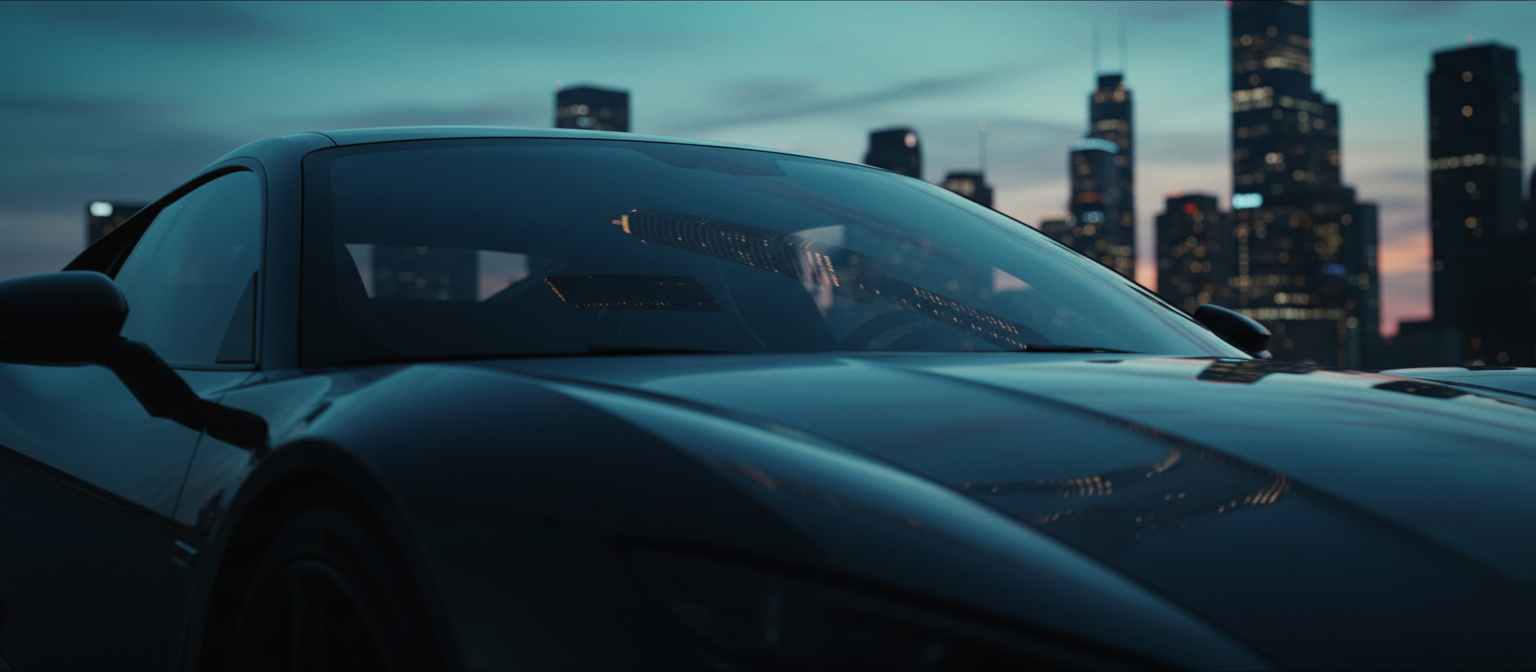 Dramatic car windshield reflecting Tulsa skyline