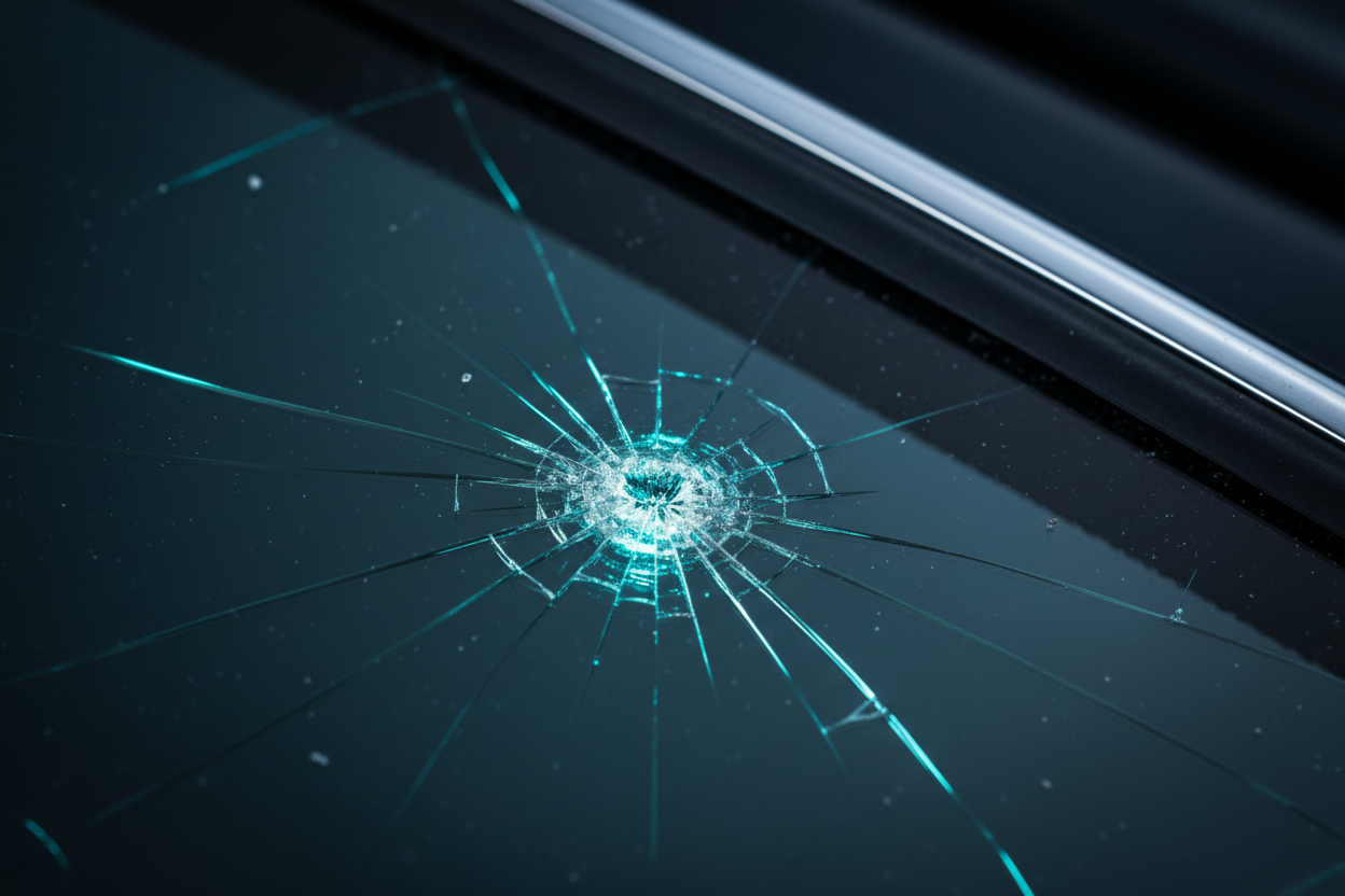 Macro photograph of a windshield stone chip crack