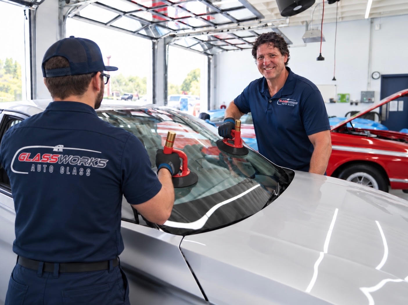 Two Glassworks Auto Glass technicians working together to install a new windshield on a silver vehicle inside the shop