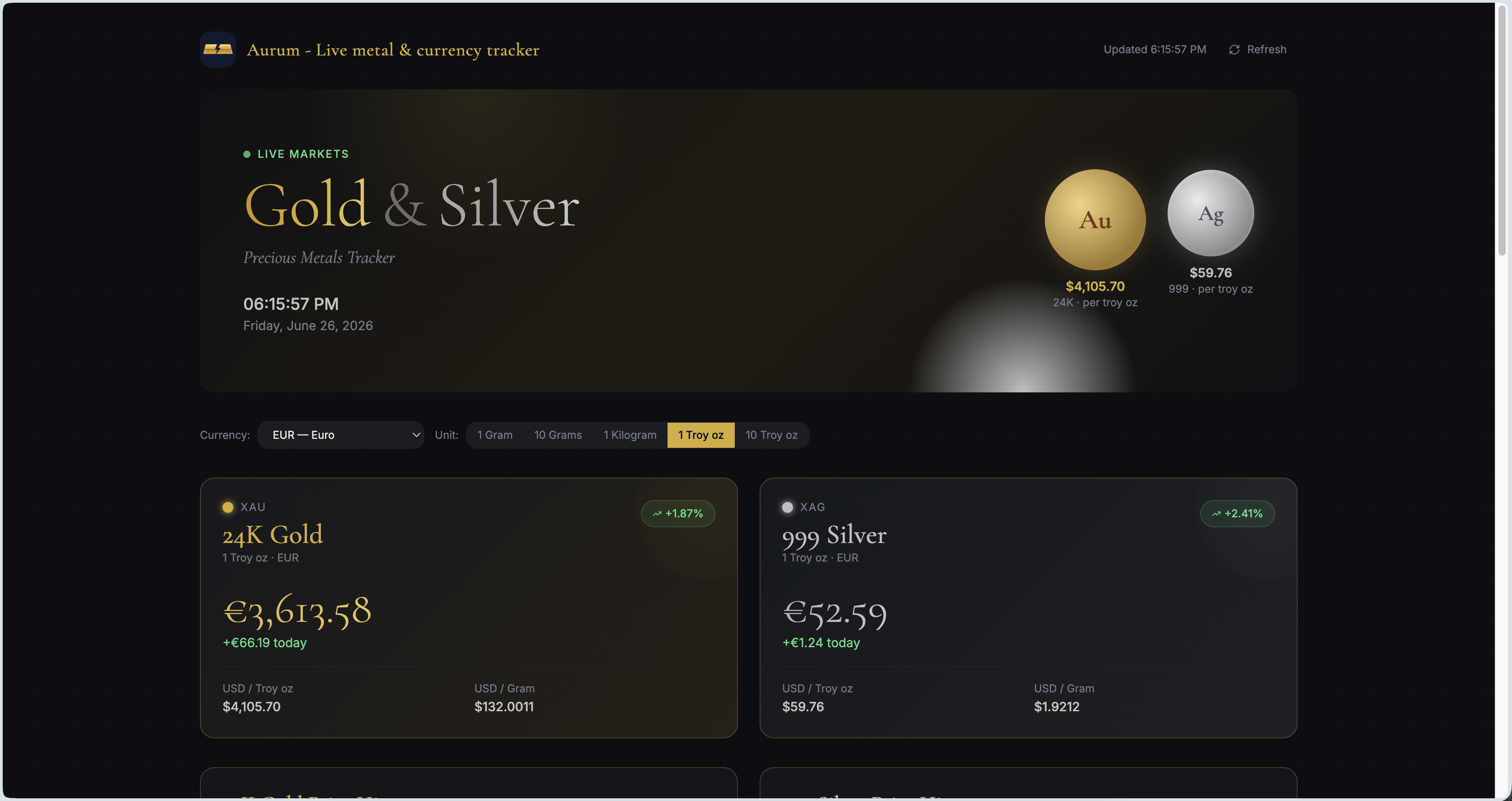 Aurum - Live metal & currency tracker template preview