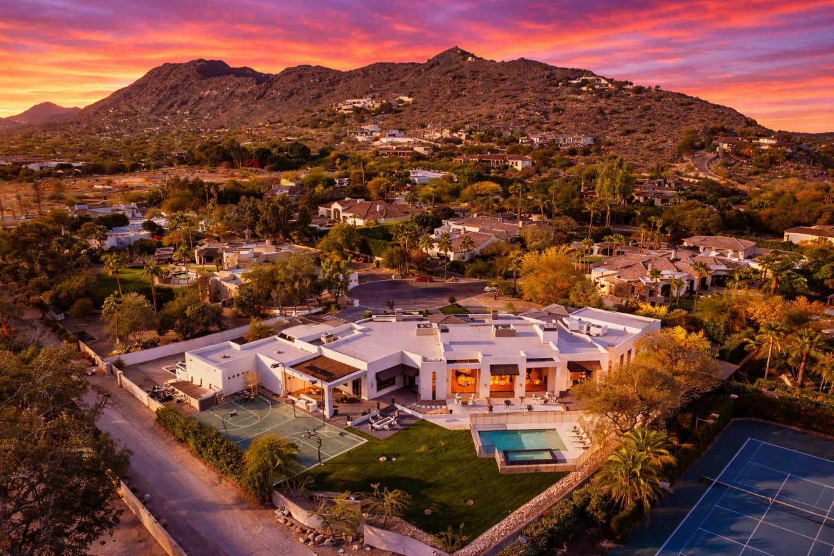 Aerial estate at sunset