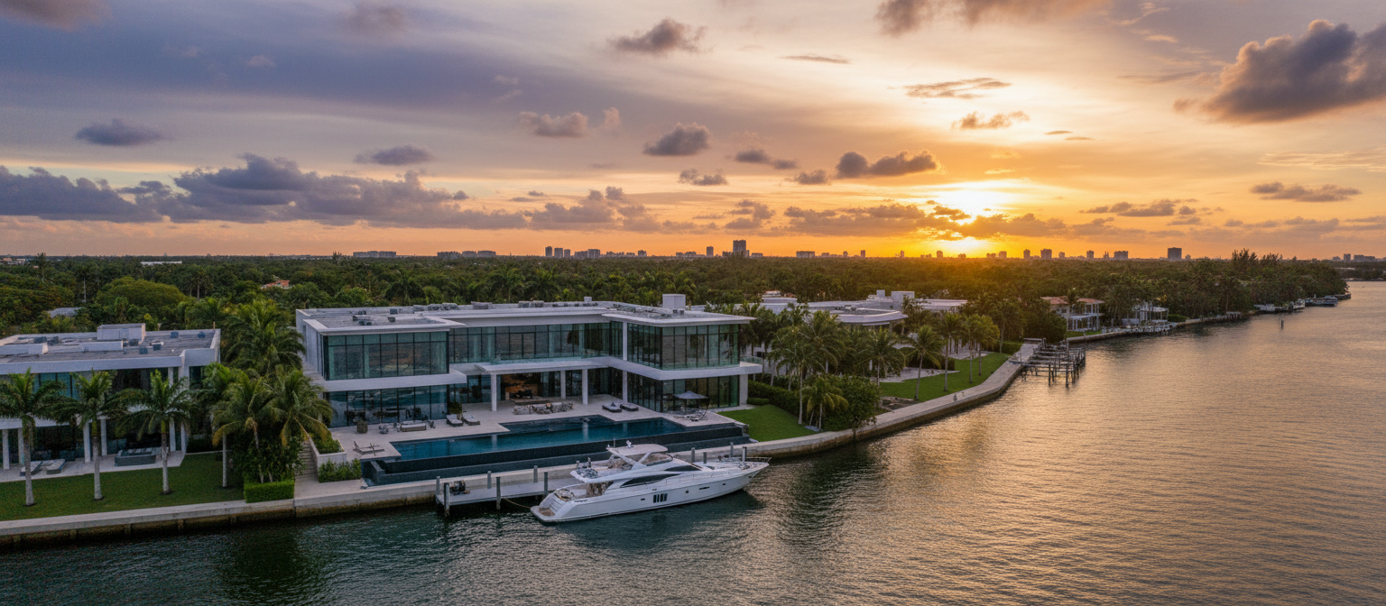 Luxury waterfront estate in Miami at golden hour