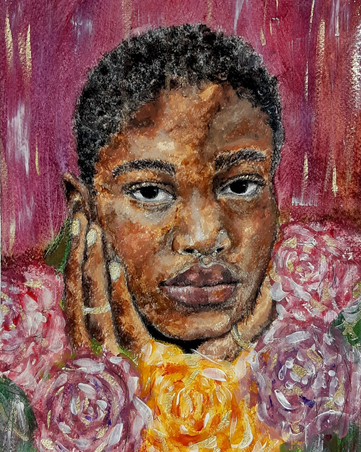 Rose — mixed media portrait with gold leaf