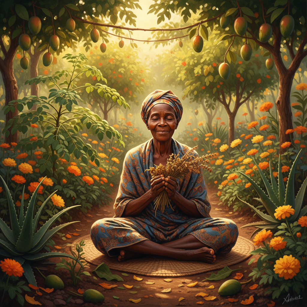Elder woman in sacred garden — the spirit of Sifa