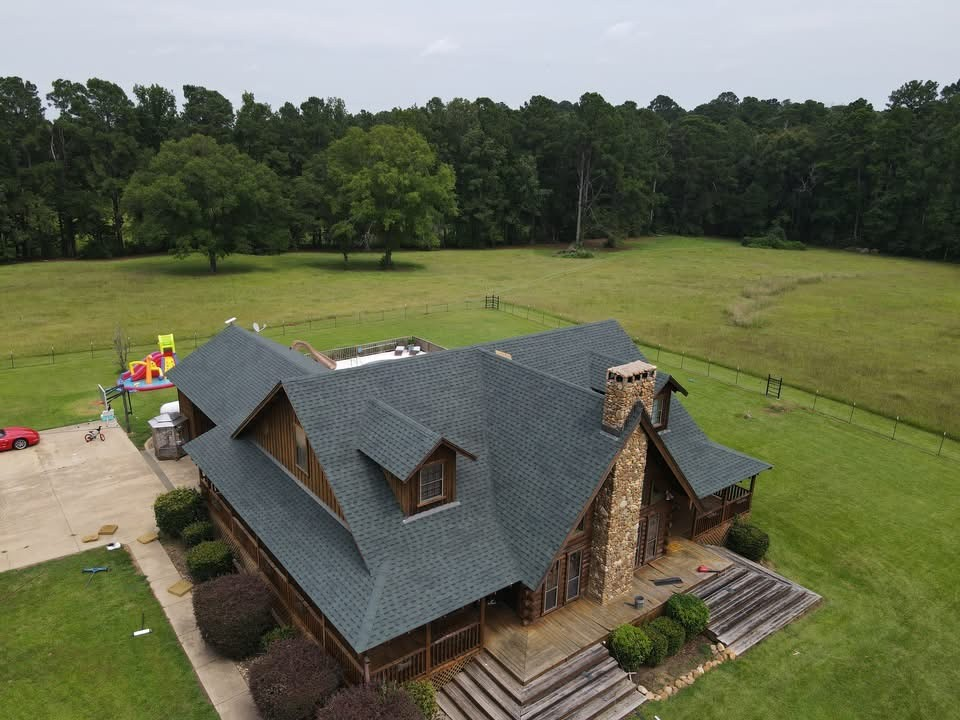 Log cabin home with new charcoal shingle roof, pool and deck
