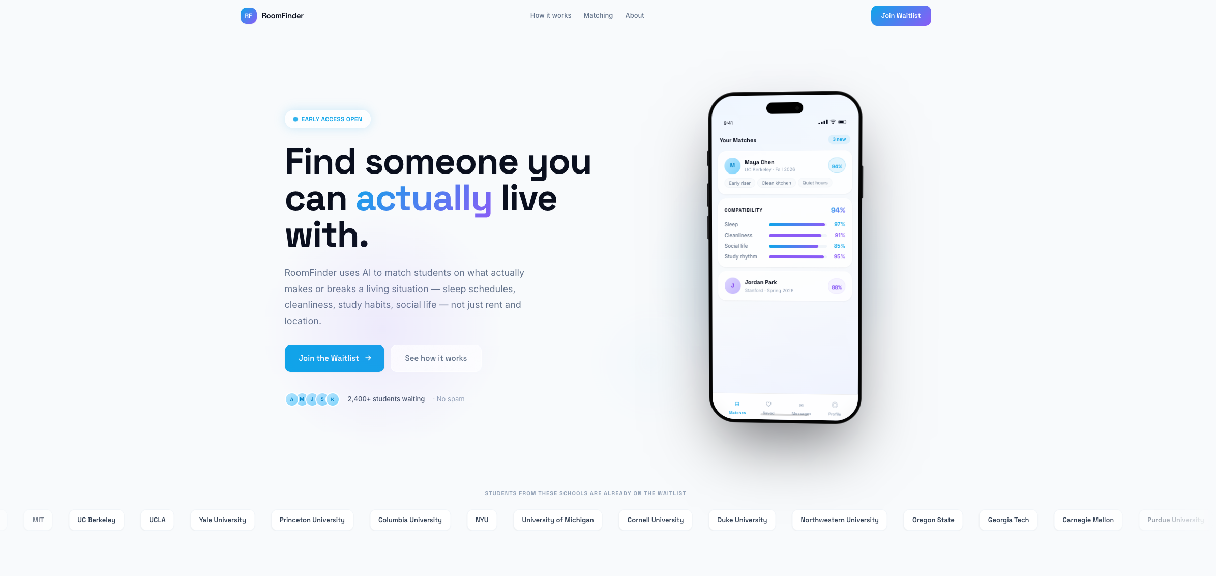 RoomFinder Roommate Matching Platform Landing template preview