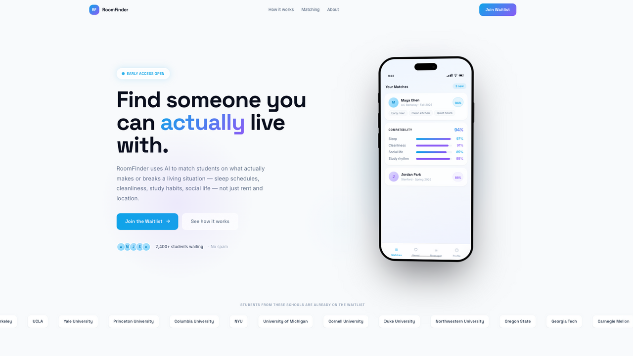 RoomFinder Roommate Matching Platform Landing template preview