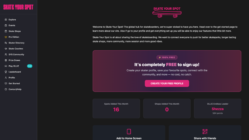 Skate Your Spot website - Community / Sports Platform - custom web design by T1 Media