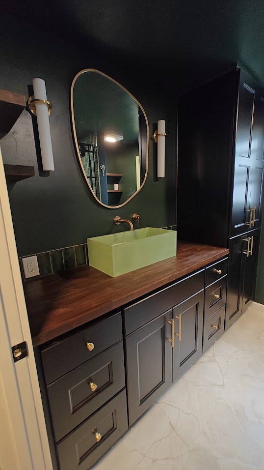 Dark Luxe Bathroom with Gold Fixtures Remodel Bellevue WA