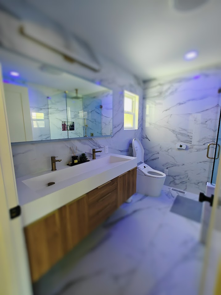 Spa Bathroom with Marble Walls and Smart Toilet Bellevue WA