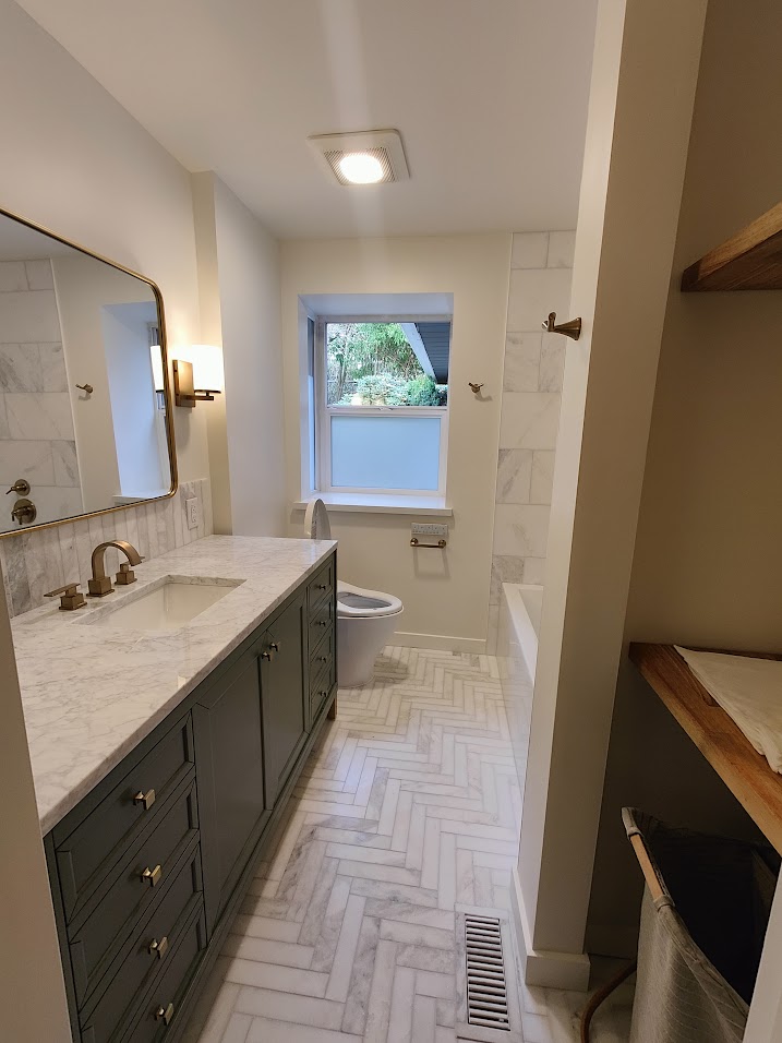 Elegant Bathroom Renovation with Green Cabinets Eastside Seattle