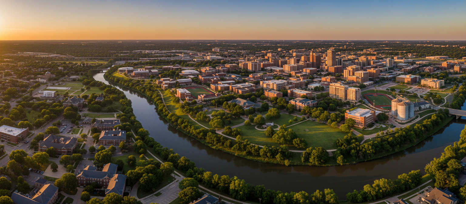Aerial view of Waco, Texas at sunset along the Brazos River