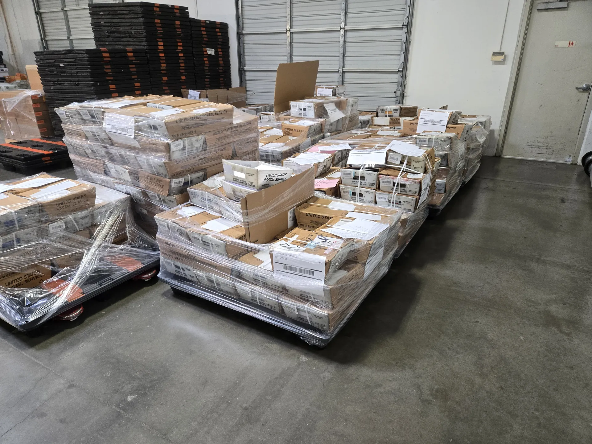 Pallets of finished direct mail at Dimaco's Carrollton TX facility